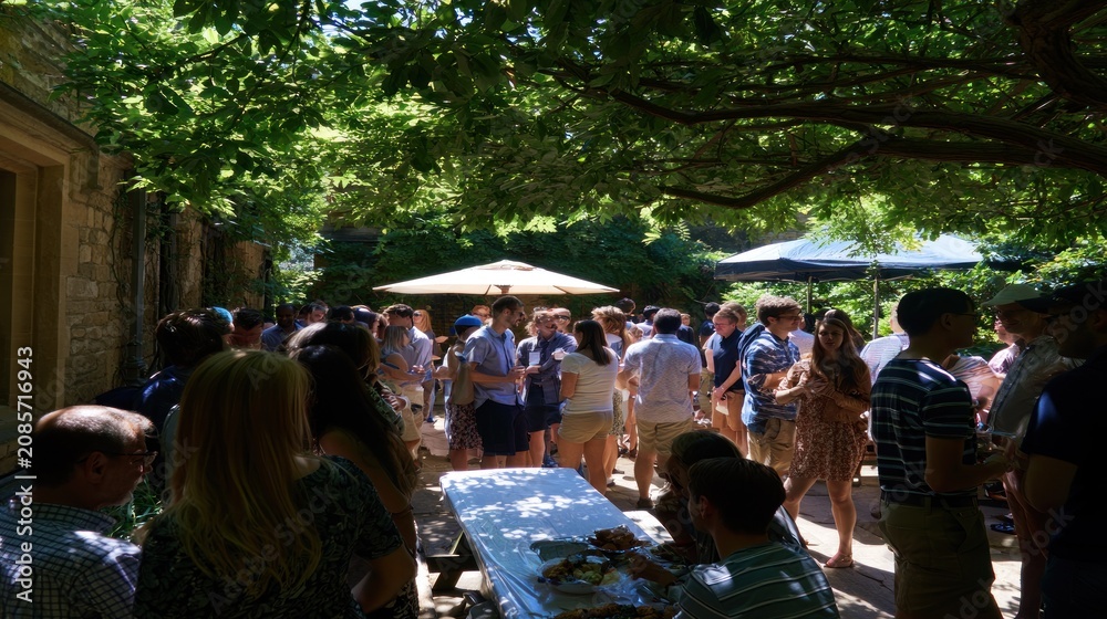 Obraz premium A lively outdoor gathering with people enjoying food and drinks under a canopy of trees.