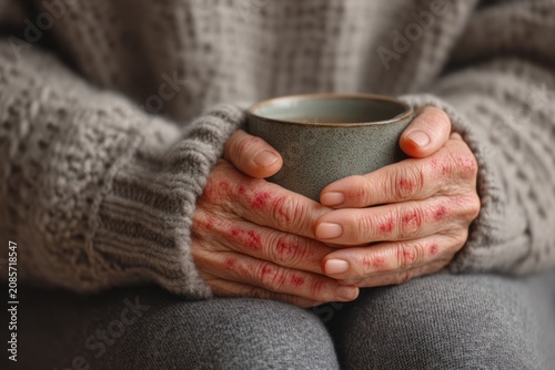 Woman holding ceramic cup with hands affected by skin rash or dermatitis. Concept of autoimmune disease and dermatological health condition. Symptom of skin irritation and inflammation.