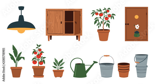 Extensive gardening design elements kit featuring potted tomatoes, watering can, modern lamp, and planting tools.