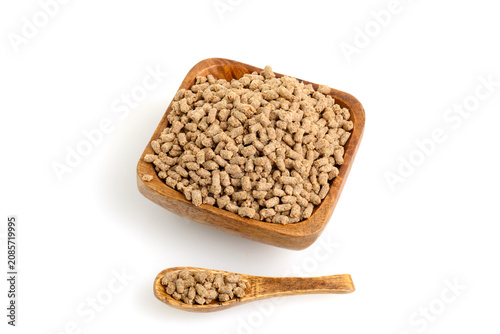 high angle view bran bud cereal in a wood bowl