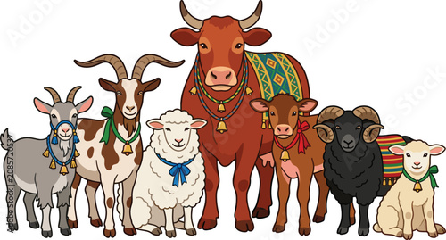 Canvastavla Eid Qurbani Sacrificial Animal Family Set with Goat, Sheep, Cow, Calf, and Ram W