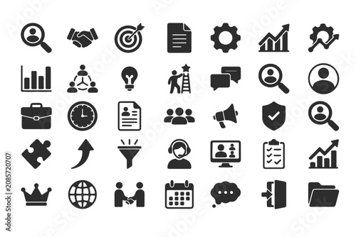 Business and marketing icon set. Vector symbols for strategy, teamwork, finance, management, and communication.
