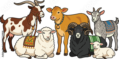 Obraz na płótnie Eid Qurbani Sacrificial Animal Set with Goat, Cow, Ram, Sheep, and Lamb Wearing