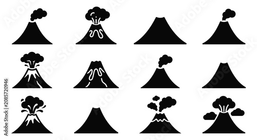 Принти на полотні Volcano Silhouettes With Erupting Clouds Black And White Silhouette