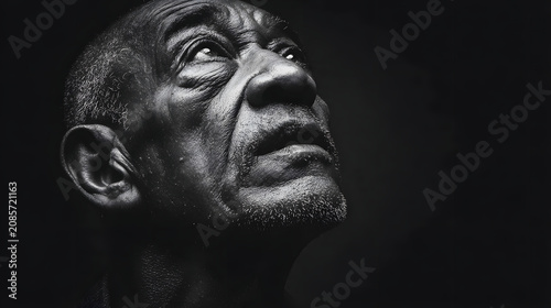 Striking black and white portrait of elderly man looking upward with dramatic lighting and textured skin