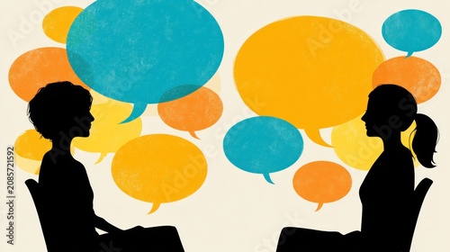 Two silhouetted figures sitting in chairs with speech bubbles in front of them, discussing or sharing ideas.