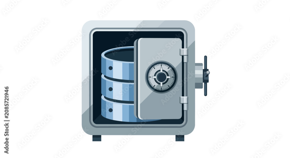 Fototapeta premium Secure Data Storage Illustration Featuring an Open Safe Box with Database Server Disks for Cybersecurity and Information Protection