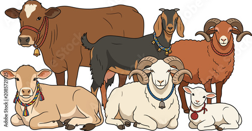 Foto Farm Animal Set with Cow, Goat, Ram, Sheep, and Lamb Wearing Bells for Eid Qurba