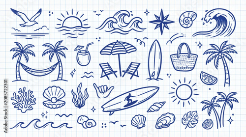 Photography Hand drawn summer beach doodles on grid paper, blue ink tropical vacation icons