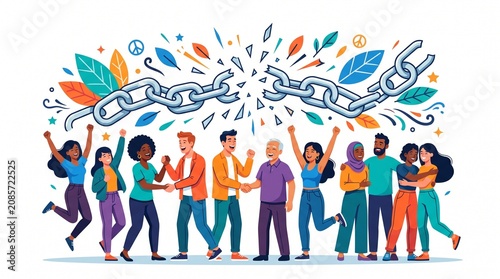 Breaking chains with diverse people a colorful vector illustration