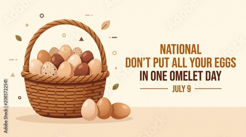 Woven basket filled with speckled eggs vector illustration with beige background