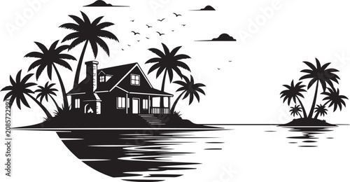 Photography Cozy beach house with palm trees under sunny sky and flying birds seaside