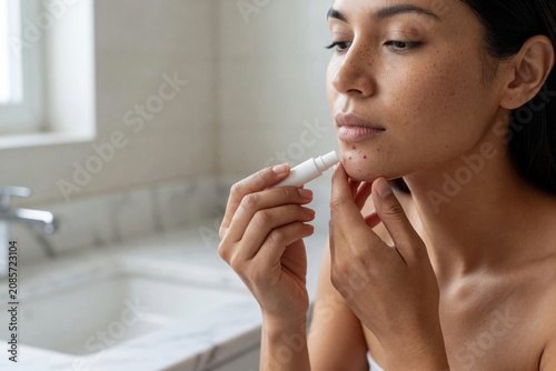 Woman applying acne treatment cream on pimple on chin. Skincare routine for hormonal breakout. Dermatology care and skin health concept for clear face and natural beauty treatment.