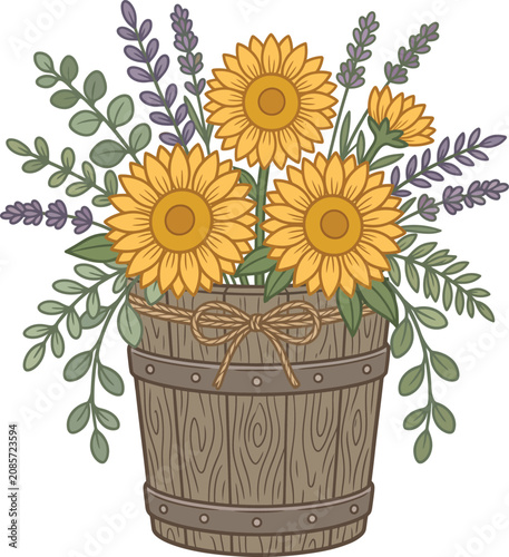 Obraz na płótnie Sunflowers in a wooden bucket with lavender and greenery