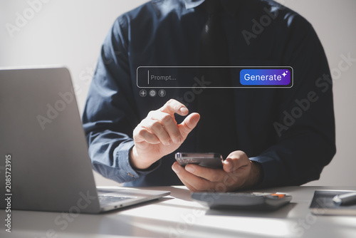 Prompt AI generation concept. man using smartphone to enter AI prompt and generate digital content, showcasing automation, creativity, and productivity tools for content creation and marketing 
