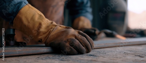 Close-up of Welder's Gloved Hand on Rusty Metal
