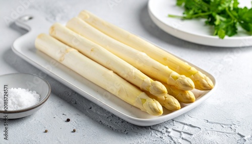 Fresh white asparagus on white plate