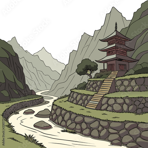 Foto Isometric of a traditional pagoda temple on a stone terraced hillside overlookin