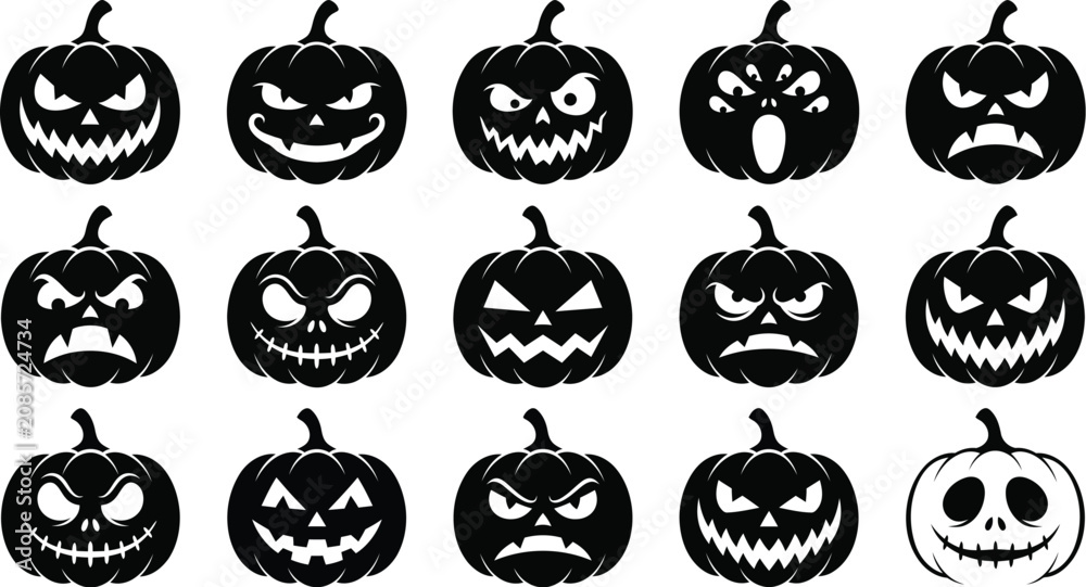 Obraz premium Set of black silhouette scary halloween pumpkins with spooky faces and evil expressions