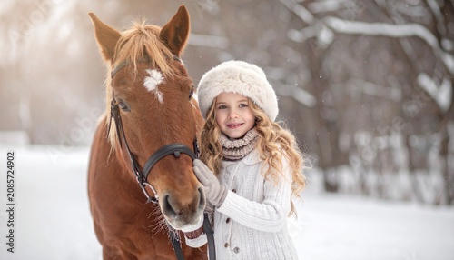 Girl with horse in winter wonderland
