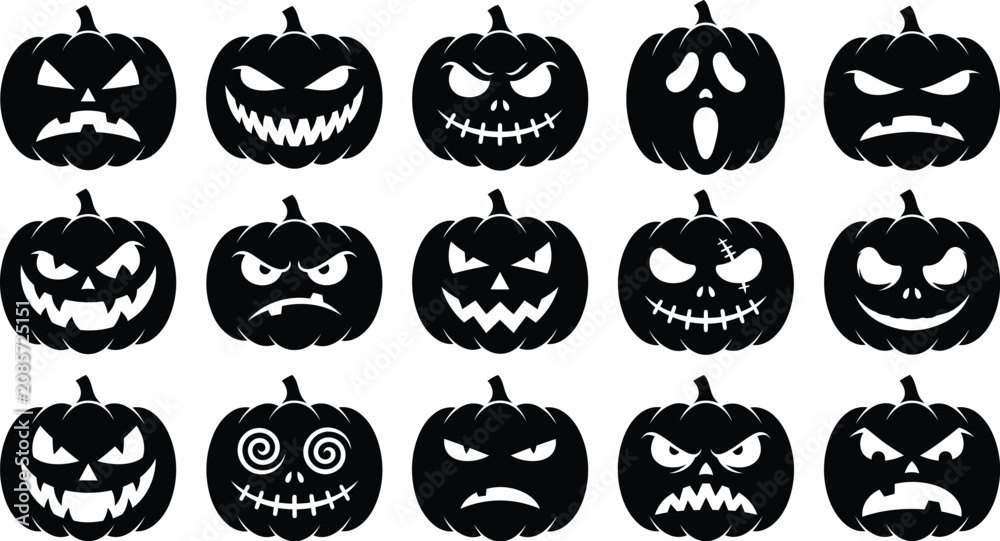 Obraz premium Set of black scary halloween pumpkin jack o lantern faces with different spooky expressions