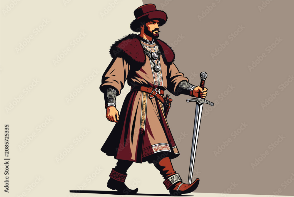 Obraz premium Historical man dressed in medieval renaissance attire with a fur collar and hat walks while leaning on a long metal sword.