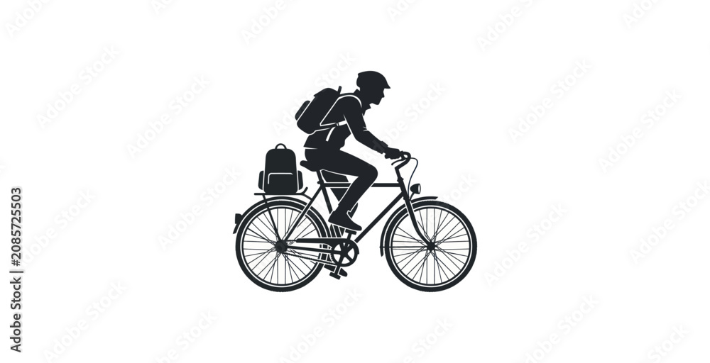 Fototapeta premium Bicycle Rider with Backpack Silhouette Vector Illustration