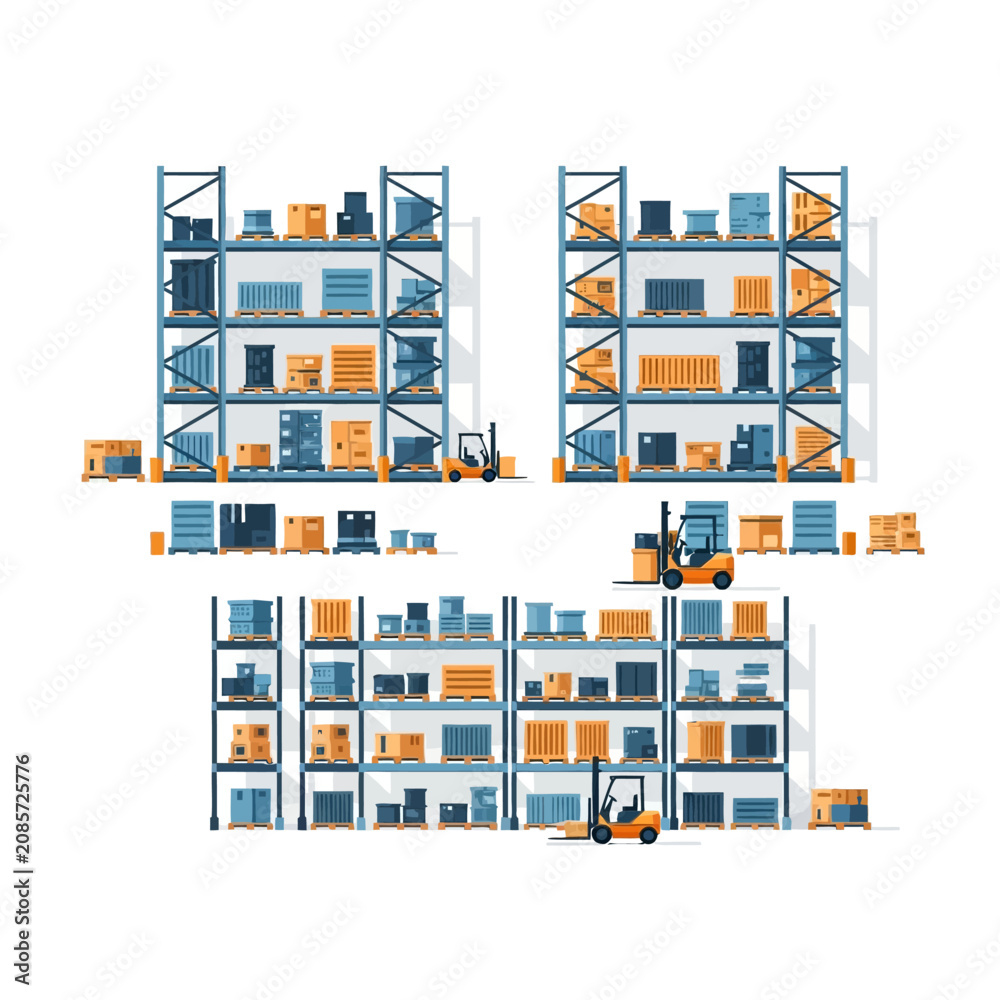 Obraz premium Warehouse Logistics Illustration: Shelves, Boxes, Pallets, and Forklifts