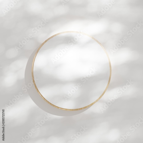 Minimal wooden circular podium on a clean white background with soft natural shadows, top view mockup for cosmetic, skincare, jewelry, branding, product display, packaging, and premium presentation.