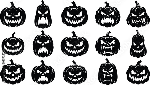 Fotografía Set of black scary halloween pumpkin faces with spooky carved expressions and ja