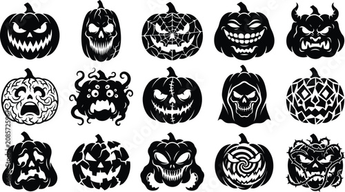 Cuadro en lienzo Set of scary halloween pumpkin faces with spooky expressions and monster carving
