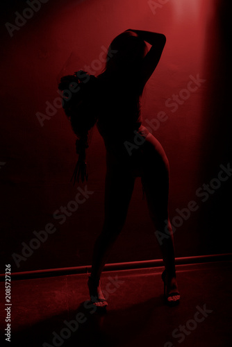 Full length silhouette portrait of a slender young woman holding a bouquet of roses against a black background with dramatic red illumination
