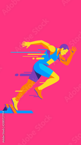 Male sprinter launching off starting blocks on a vibrant pink background representing speed and determination. For track and field competitions and motivational athletic posters.