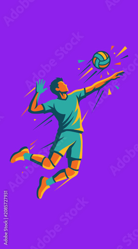 Male volleyball player jumping for a spike flat vector illustration with a purple background. This graphic is used for sports tournament posters and athletic competition marketing.