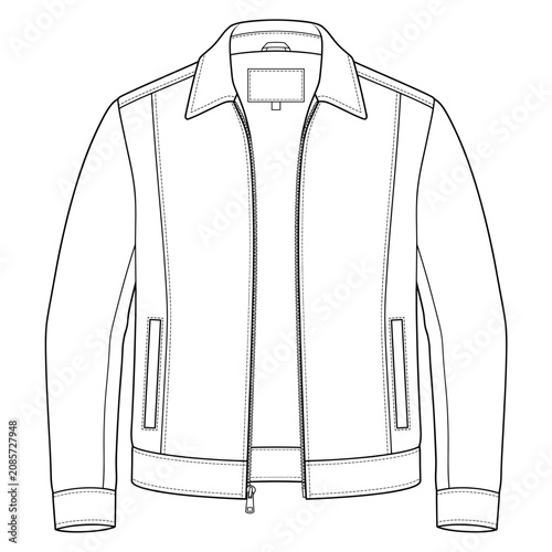 Men's leather jacket technical flat sketch template showing front view with collar and zipper details. This illustration is used for fashion design tech packs and apparel manufacturing.