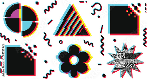 Εκτύπωση καμβά Glitch Effect Geometric Shapes Set with Circle, Triangle, Square, Flower, and St