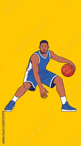 Minimalist Basketball athlete dribbling ball on a bright yellow background. This illustration is used for youth sports club branding and basketball training advertisements.