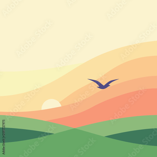Mid-century modern rolling hills landscape with a flying bird and soft pastel sun. This aesthetic background is used for home decor prints and retro nature-themed designs.