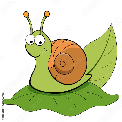 Snail on leaves featuring a cute cartoon gastropod sitting on green foliage. This character illustration is used for children's books and biology education graphics.