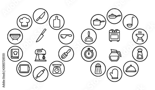 Premium Cooking and Kitchen Line Icon Collection with Chef Hat Recipe Book and Culinary Tools Vector Set