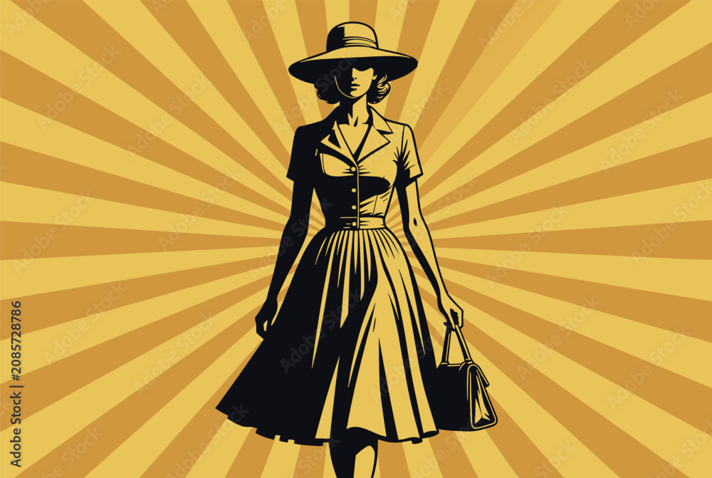 Obraz premium Silhouette of elegant woman in vintage dress and wide brimmed hat carrying handbag walks against bright yellow sunburst background.