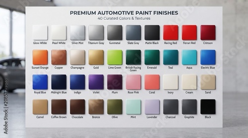 Premium automotive paint finishes and car color palette swatches with automotive
