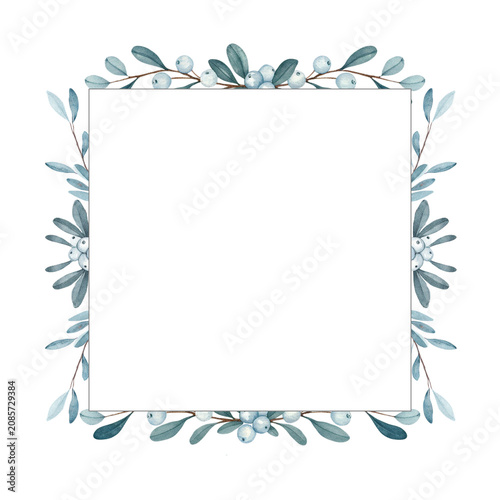 Frame of winter snow plants with delicate blue berries and frosty leaves on a clean white background. This graphic is used for seasonal Christmas greeting cards and holiday stationery.