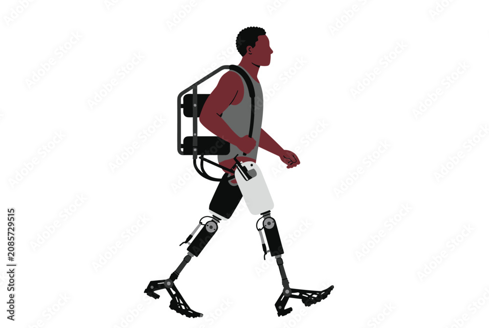 Fototapeta premium Black man wearing tank top and shorts walks using advanced robotic exoskeleton and prosthetic legs on white background.