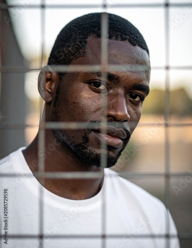 Man behind fence, direct gaze