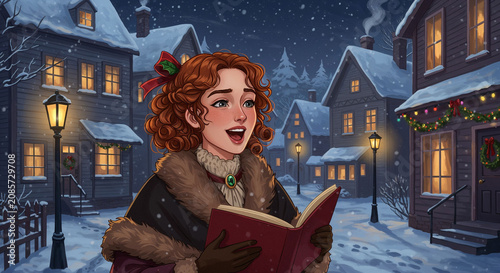 Young woman singing Christmas carols in winter town with snowy buildings and festive evening lights. This illustration is used for holiday storytelling, music events, and winter celebrations.