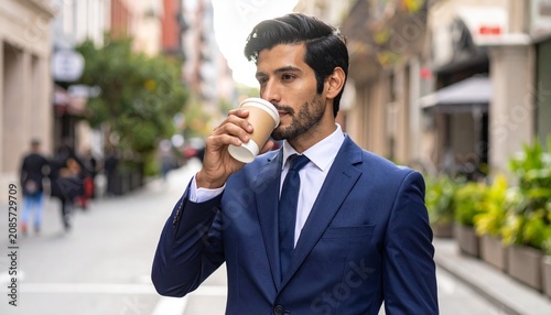 Man in suit drinks coffee outdoors