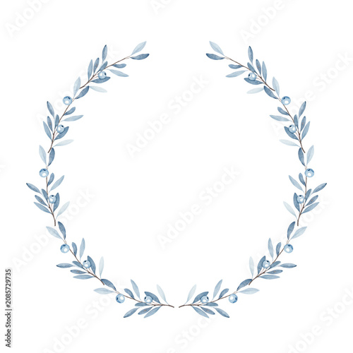 Wreath of winter snowy plants with blue berries and frosted leaves in a circular arrangement. This graphic is used for seasonal logos, Christmas wreaths, and winter wedding invitations.