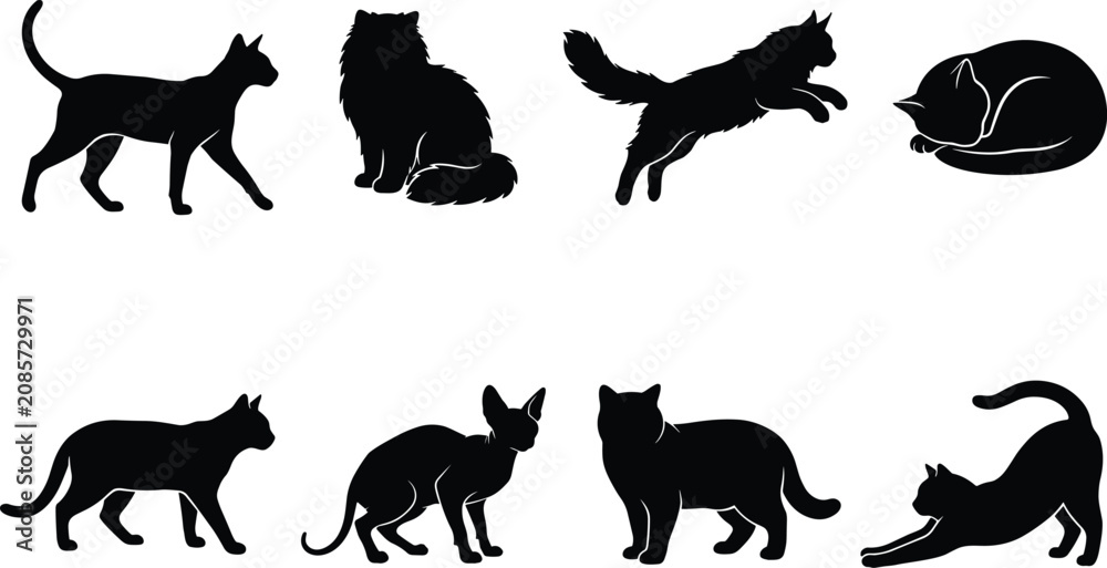 Obraz premium Domestic cat silhouettes vector set featuring different breeds in various poses like walking jumping sleeping and stretching