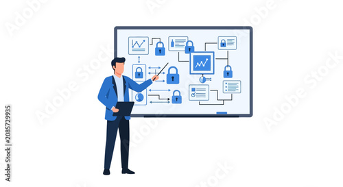 Business professional presenting a cybersecurity and data protection strategy on a whiteboard with network security icons, data encryption charts, and corporate risk management.